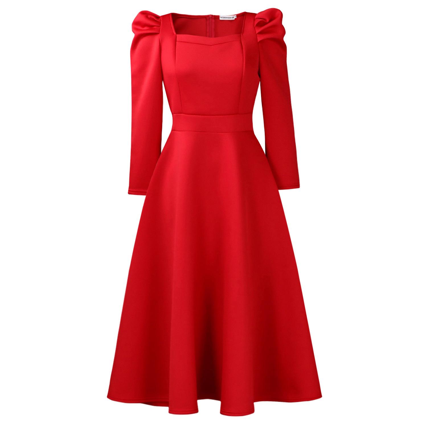Women Solid Square Neck High Waist Large Hem A Line Elegant Evening Dress S