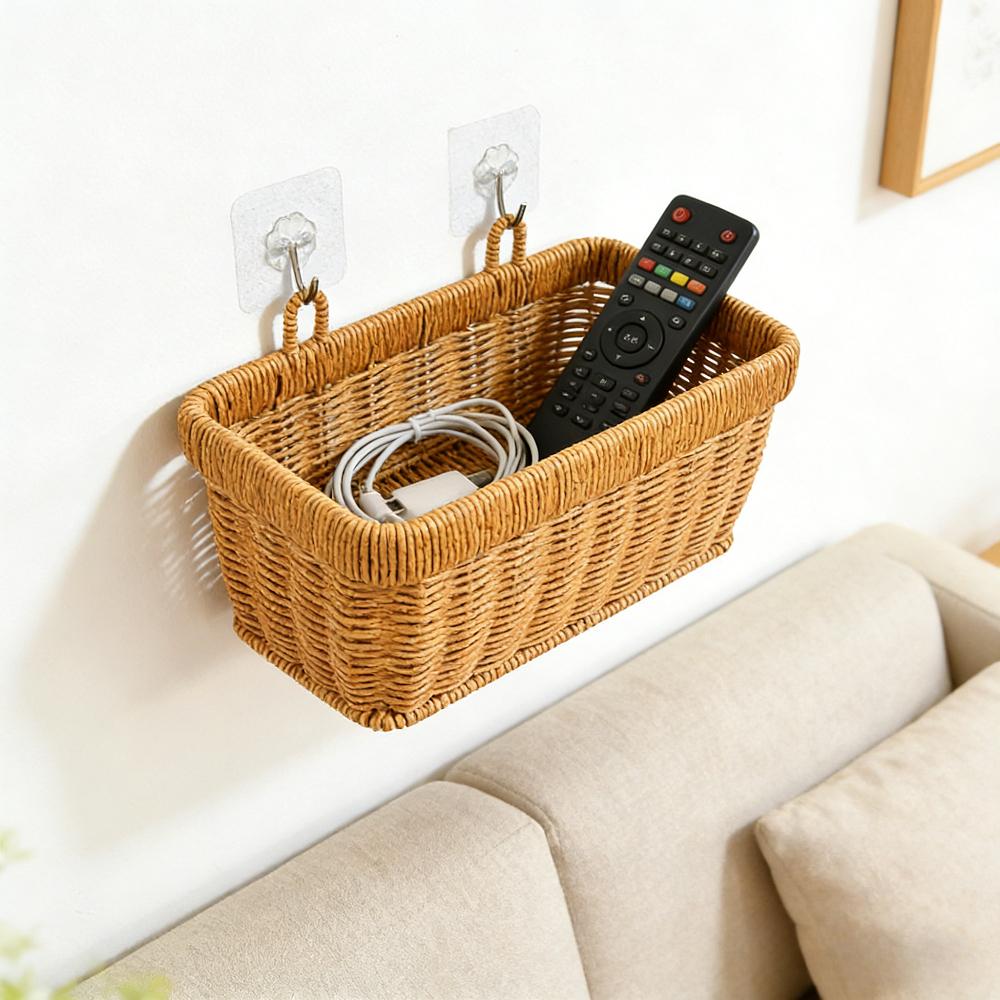 Wall Hanging Woven Storage Basket Set | Plastic Rattan Hanging Organizer with Hooks | 2 Sizes Kitchen Pantry Storage Basket for Home Decor