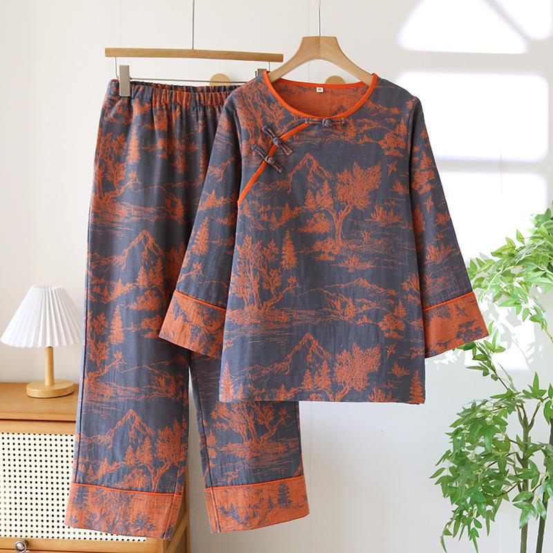 Damen Pyjama aus reiner Baumwolle mit doppellagigem Mullstoff - Frühling/Herbst/Sommer Dünner Stil, Nationales Design, 9/10-Ärmel und Hosen XL black
