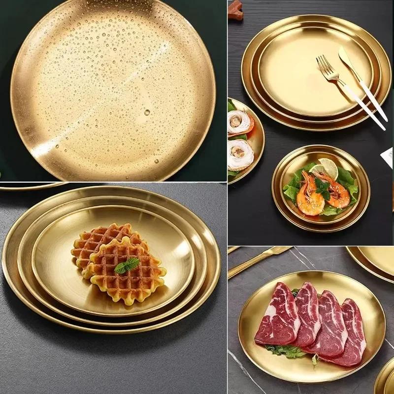 4PC Metal Dining Dish Stainless Steel Round Plate Shallow Tray BBQ Picnic Camping Food Container Tableware Dessert Plate Kitchen