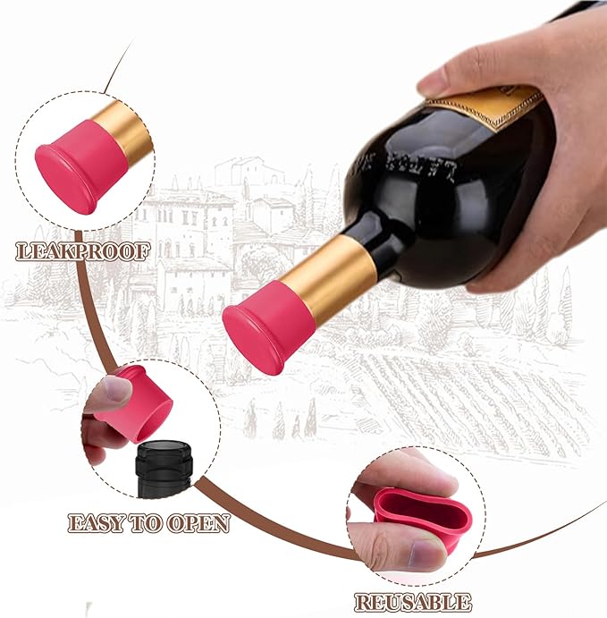 6PCS Reusable Silicone Wine Corks, Glass Corks Beverages Beer Champagne Bottle Stoppers To Keep Fresh