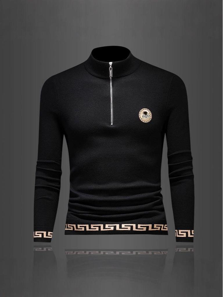 European Autumn/Winter Men's Slim Fit Embroidered Wool Half-Zip Sweater