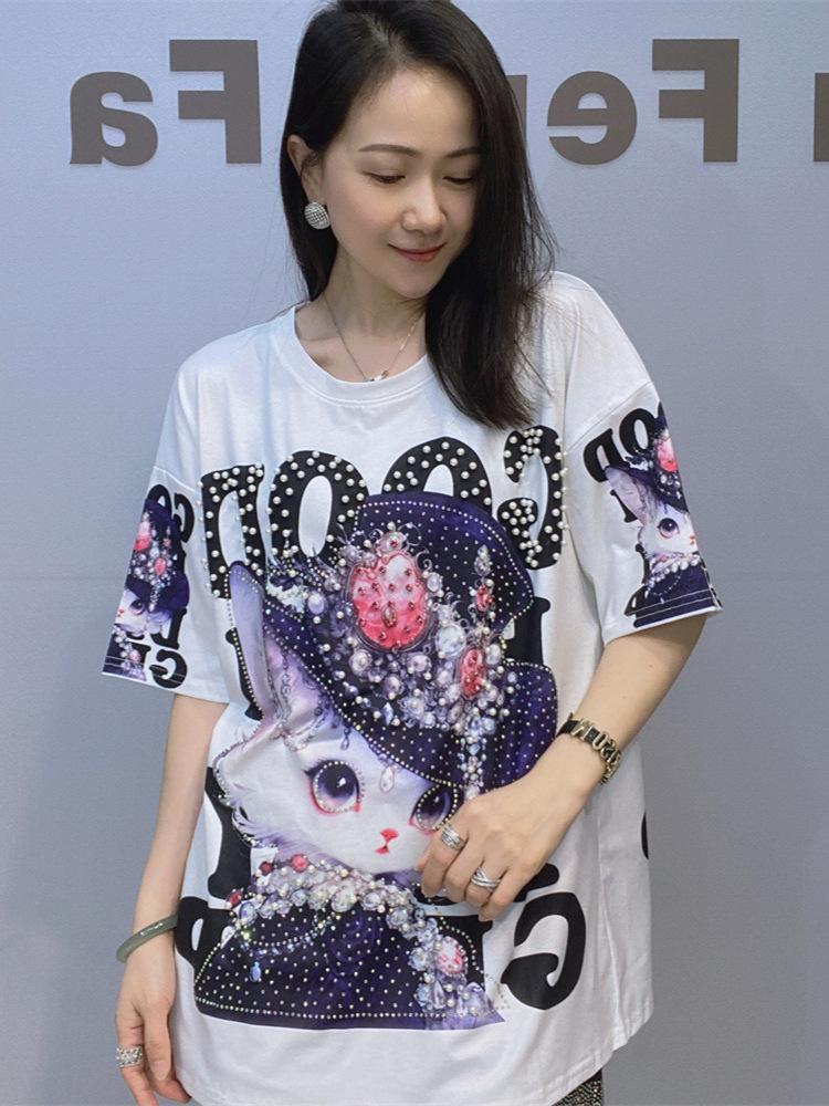 

Модные футболки с принтом для женщин Летняя одежда Повседневный 3D мультяшный узор Горячие бриллианты Бисероплетение Женские топы с коротким рукавом Футболка One Size белый
