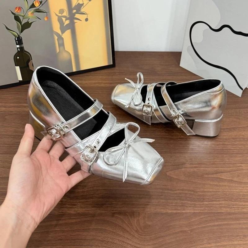 Fashion Silver Soft Leather Single Shoes Women's Design Sense Square Toe Mary Jane Shoes 2025 New Bow Shallow Heels