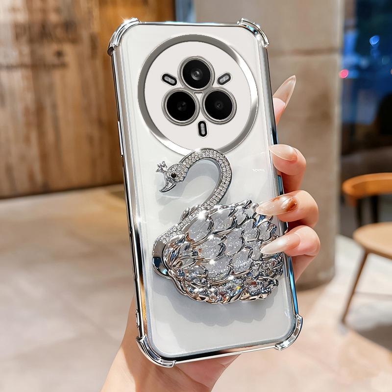 KEYSION Shockproof Plating Phone Case for Realme 14 Pro 5G Clear TPU Glitter Jewelled Swan Kickstand Back Cover for OPPO Realme 14 Pro+ 5G