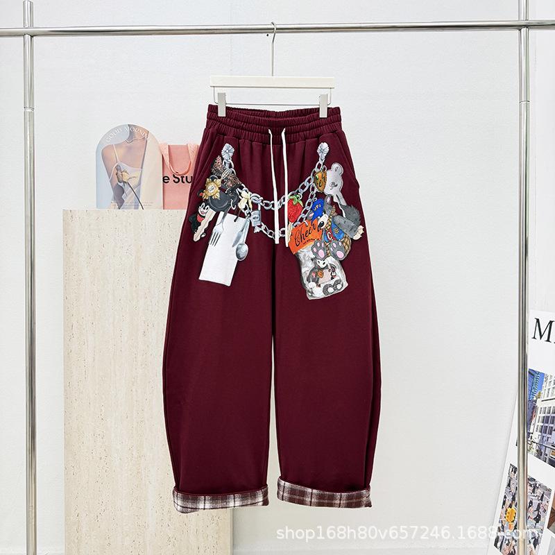 

Nanyou Haute Couture: Early Spring Plaid Chain Pendant Casual Pants, Deep Red, Unisex Medium глубокий/красный