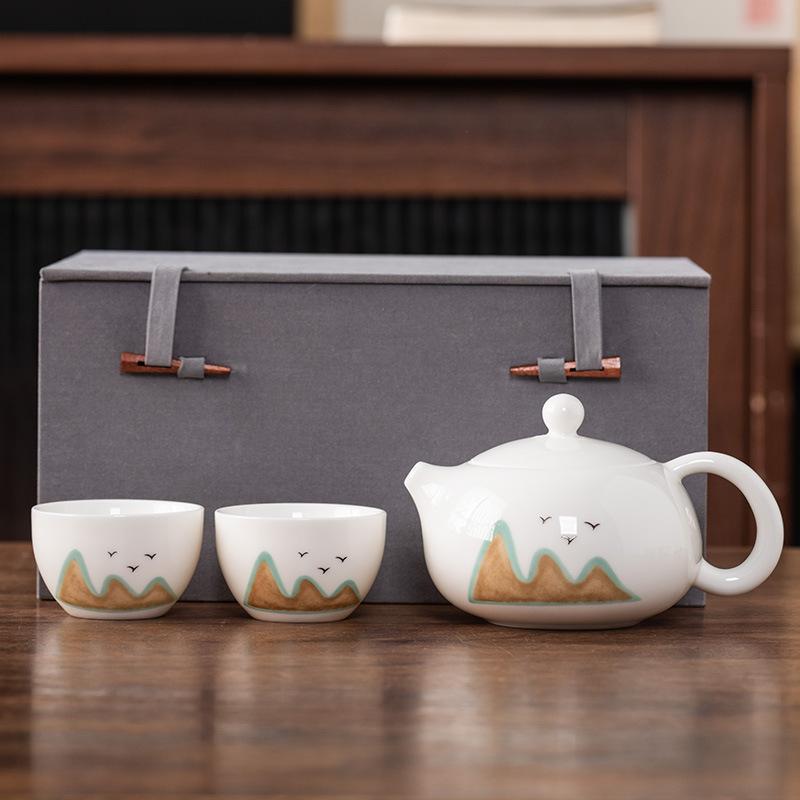 Beam Pot One Pot and Two Cups Suet Jade Porcelain Light Luxury Kung Fu Tea Set Kuaike Cup High-end Brocade Box Gift Box