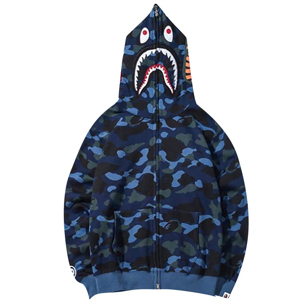 Japanese Style Shark Head Camouflage Zip Up Hoodie Full Zip Hooded Sweatshirt Casual Streetwear Fashion Outerwear for Men and Women