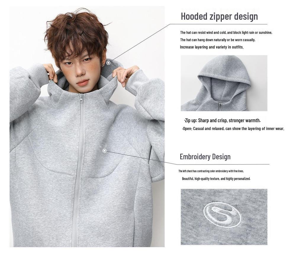 Men's Heavyweight Retro Color Block Embroidered Cardigan Hoodie Jacket