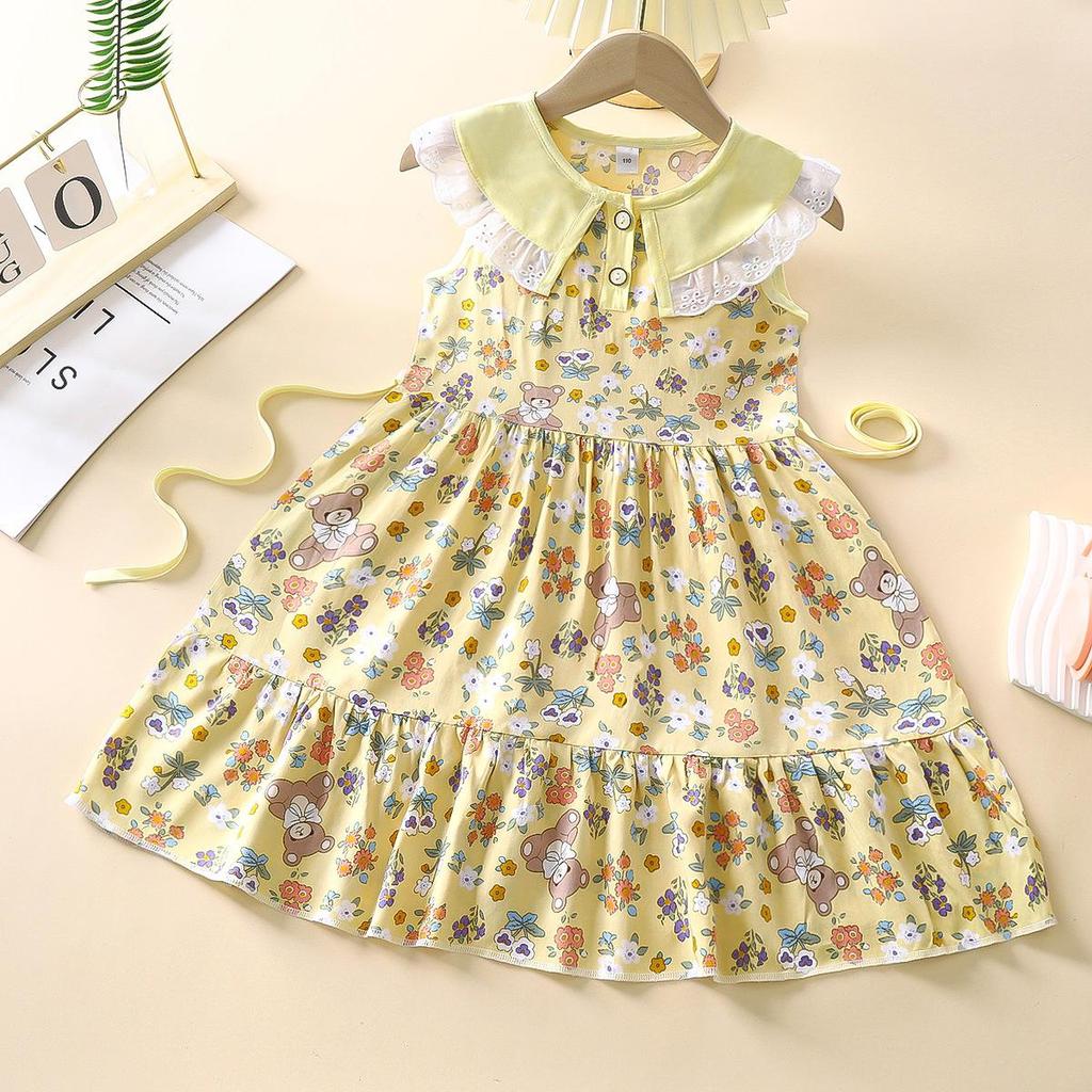 Summer Girls' Sleeveless Floral Princess Dress - Cotton Silk Blend for Outdoor Wear