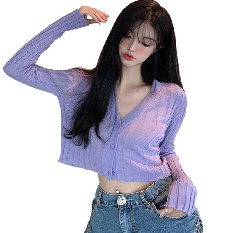 

Футболка, летняя корейская версия однотонной короткой женской футболки с v-образным вырезом, тонкий вязаный укороченный топ от солнца с длинными рукавами