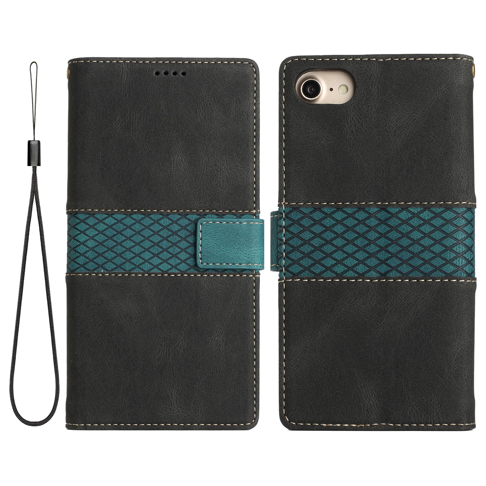 

For iPhone 16e Wallet Case Grid Splicing Card Slots PU Leather Phone Cover Black