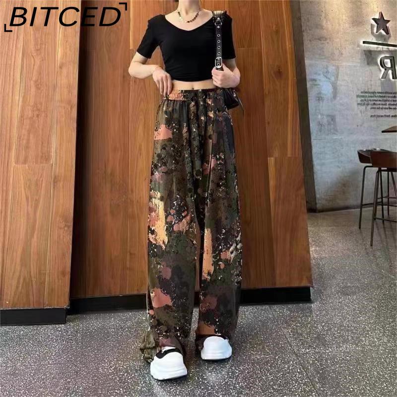 

BITCED Tie-Dye Wide-Leg Trousers for Women Summer Lightweight High-Waisted Loose-Fit Slimming Drapey Slouchy Casual Ice Silk Trousers One Size