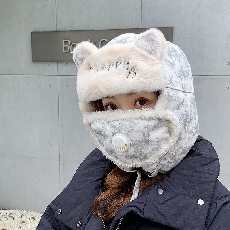

Winter cat ears solid color cartoon hat outdoor thickened velvet riding hat scarf integrated warm ear hat One size брудно-білий