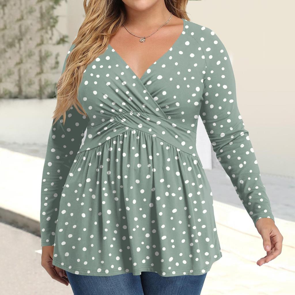 Women's Plus Size Shirt Long Sleeve  Print Top Pleated Casual V-Neck Top