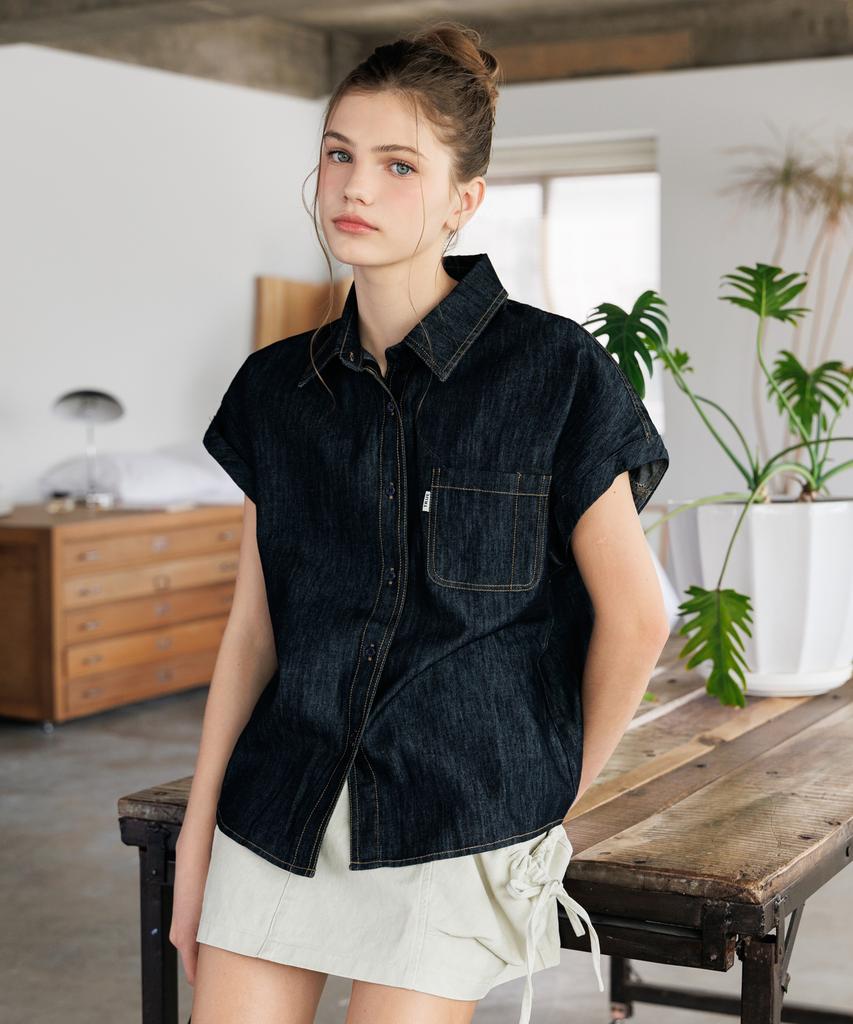 HYFVE Cotton Roll-Up Cap Sleeve Stitch Denim Shirt Blouse