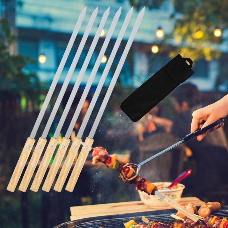 6pcs Stainless Steel Drill Needle Big Wooden Handle Flat Handle Barbecue Widened Extra-thick 42cm Sign Commercial Lamb Leg Sign