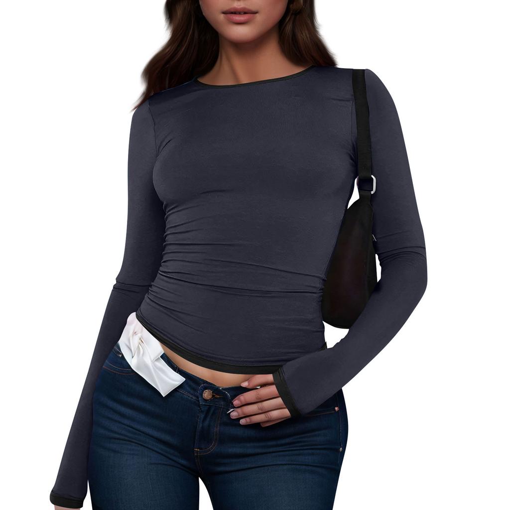 Women's Fashion Colour Blocking Round Neck Long Sleeve T-Shirt Top