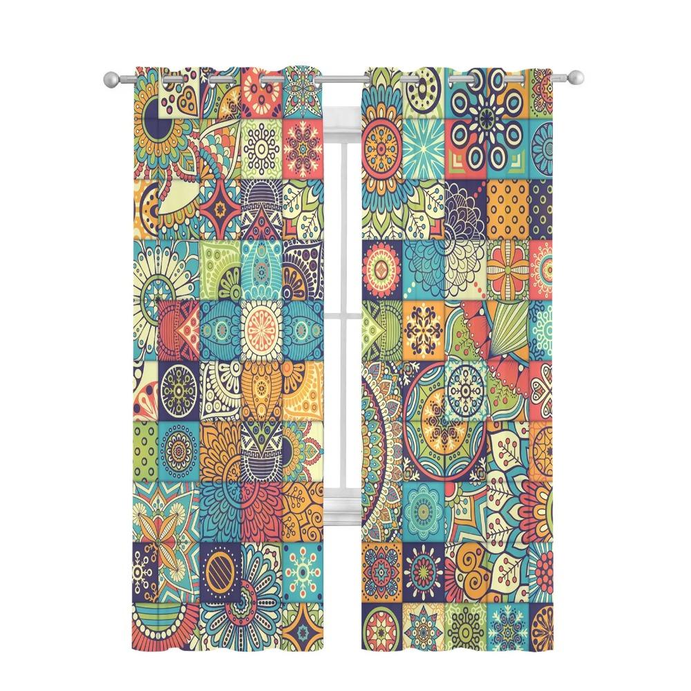 Mandala Bohemian Tiles Floral Soft Tulle Transparent Curtains for Living Room Decoration Window Panel Curtain for Bed Chamber Sheer Fabric Silk-like