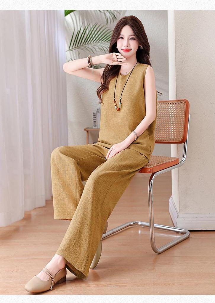 Set Pigiama Estivo Senza Maniche Taglie Forti da Donna – Elegante Pantalone a Gamba Larga Monocolore per Madri di Mezza Età