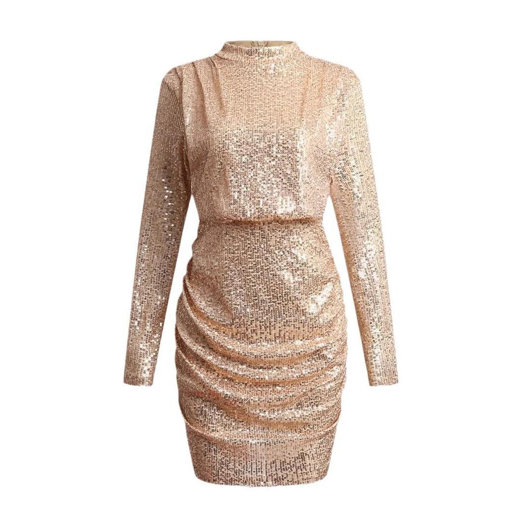 Rochie midi bodycon sexi cu mânecă lungă și decolteu în V cu paiete pentru femei 2025 cu fustă scurtă legată