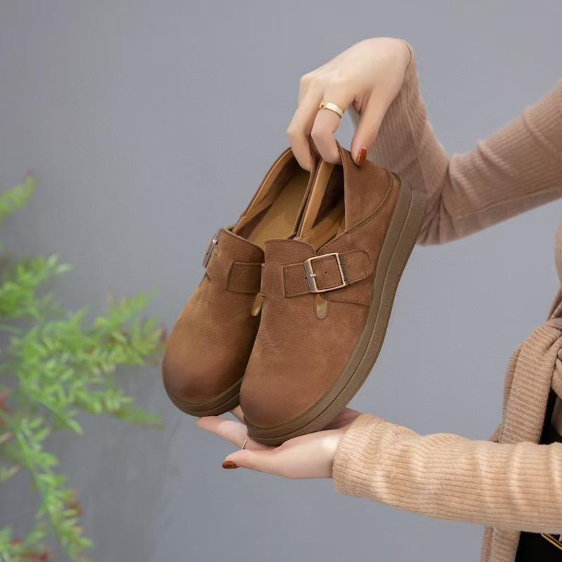New Thick-soled, Belt-buckle, Soft-soled Single Shoes for Women with Genuine Leather Shoes, Retro Style