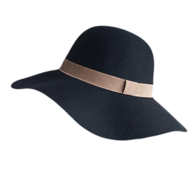 Foreign Trade Export Autumn And Winter Black Camel Woolen Top Hat Big Brim Wavy Felt Hat British Hepburn Retro