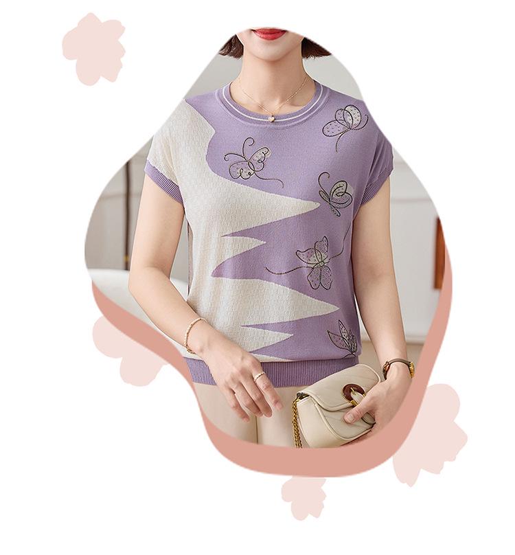Women's Summer Ice Silk Short-Sleeve Knit Top - Loose Fit, Round Neck for Middle-Aged and Older