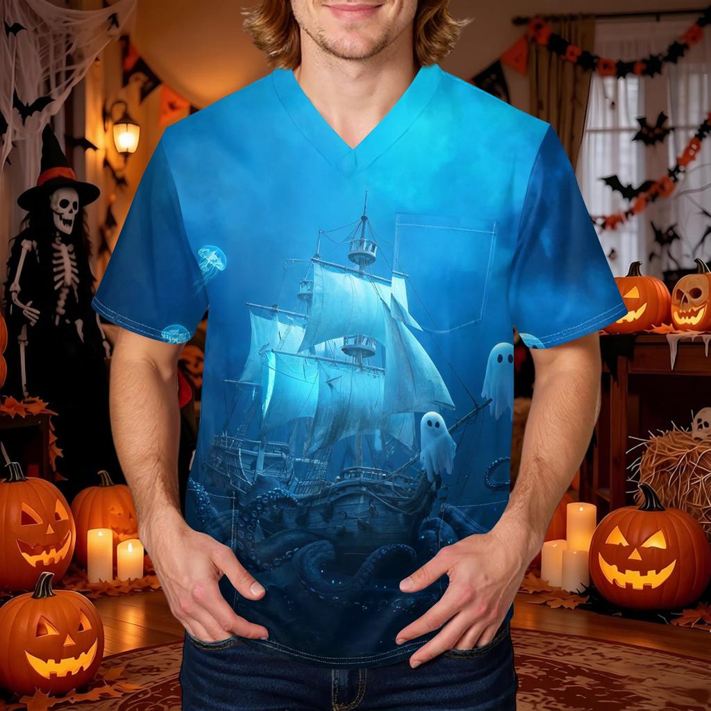 Men's Halloween Print V-Neck Scrub Top with Pockets Comfort Fit for Daily Work