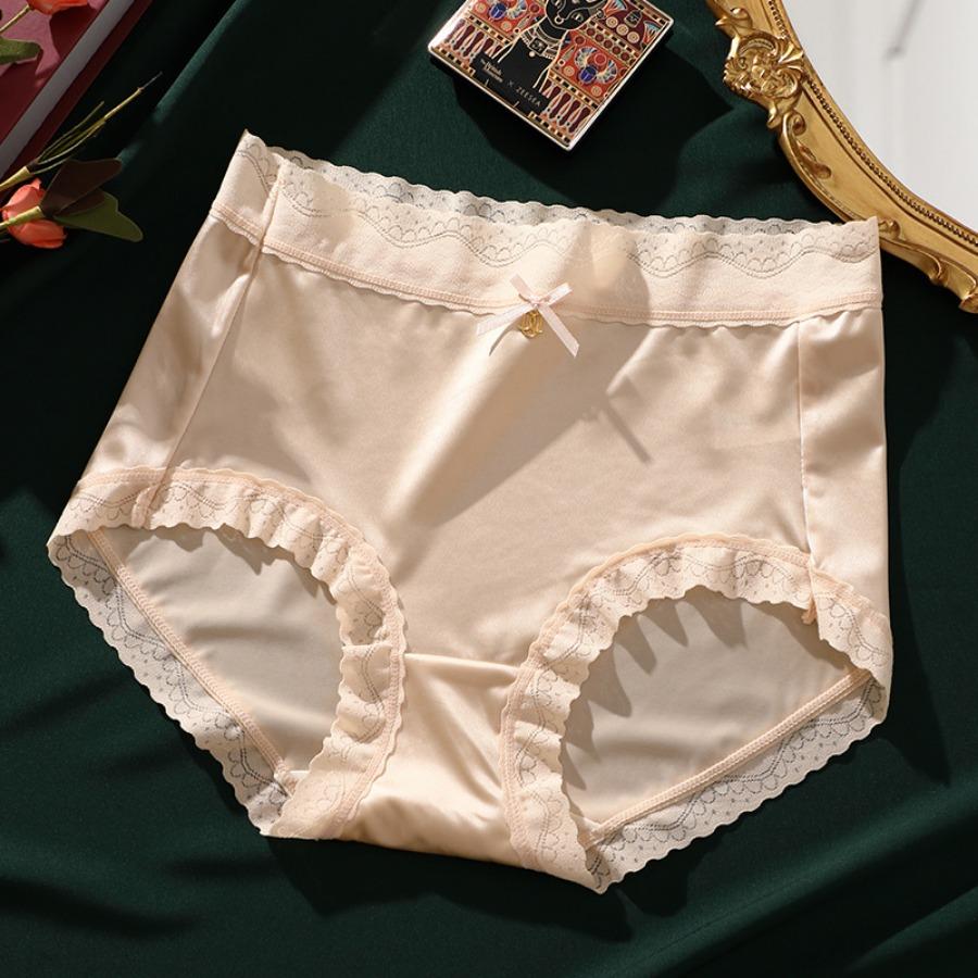 Women Luxury Satin Panties Tummly Control Summer Sexy Lace Briefs High Waist Plus Size Cotton Crotch Breathable Underpants Lingerie Underwear
