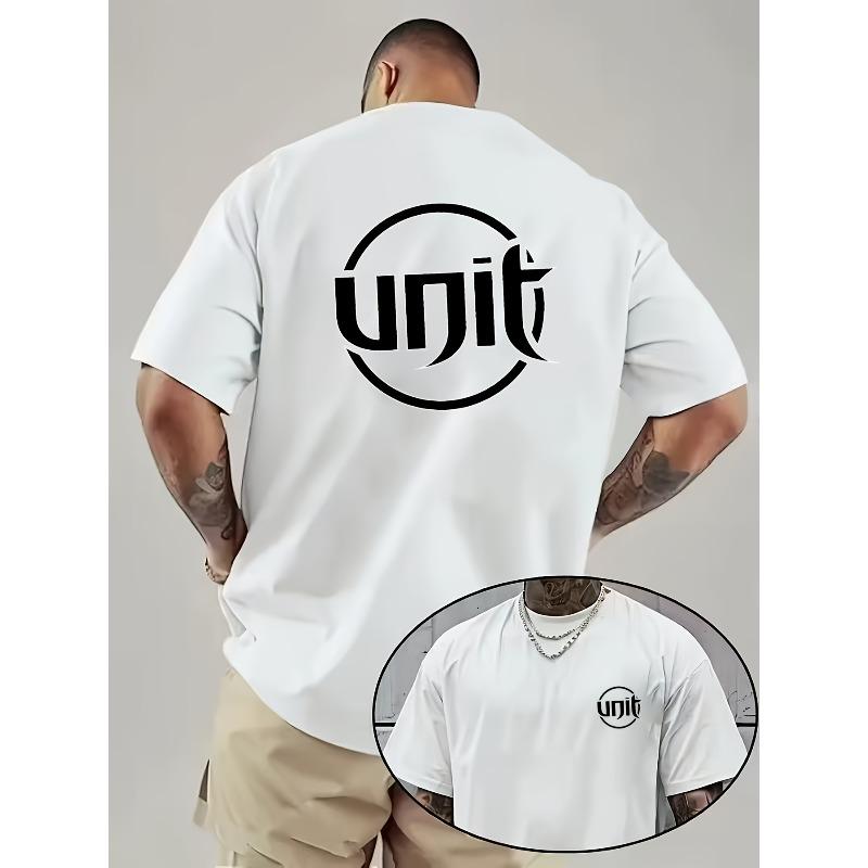 European sizes Men's Minimalist Letter Print T-Shirt, Slight Stretch Short Sleeve, Summer Outdoor Casual Attire - Machine Washable