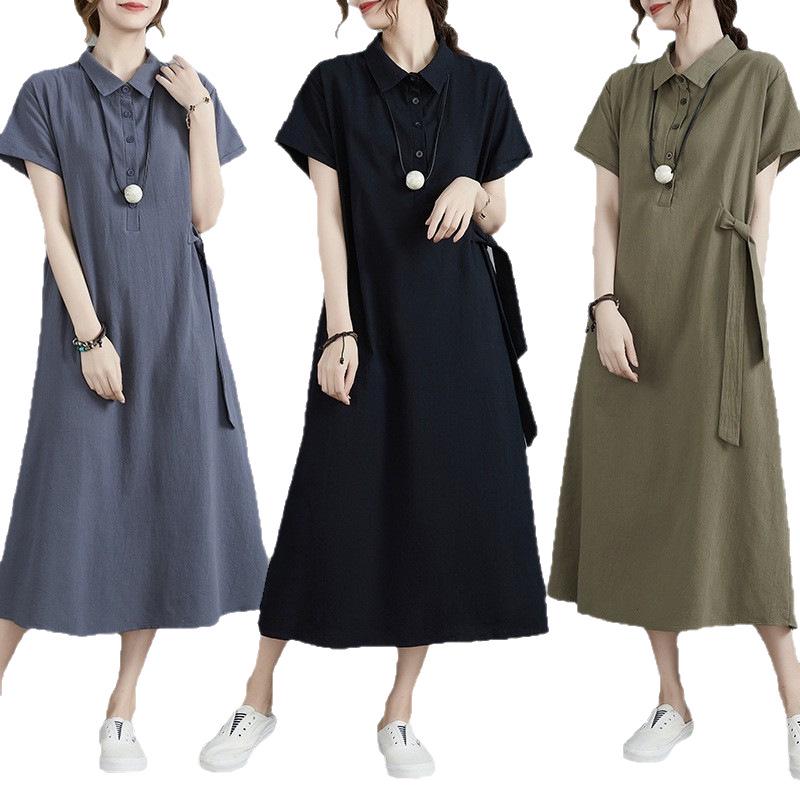 Japanese Style Cotton-Linen Lapel Pocket Dress for Women