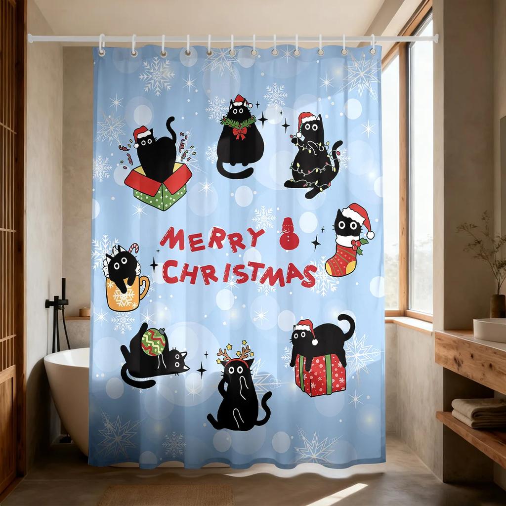 1 Christmas Black Cat Print Waterproof Shower Partition Privacy Hanging Curtain 12 Hooks Multi Size Decoration Machine Washabl
