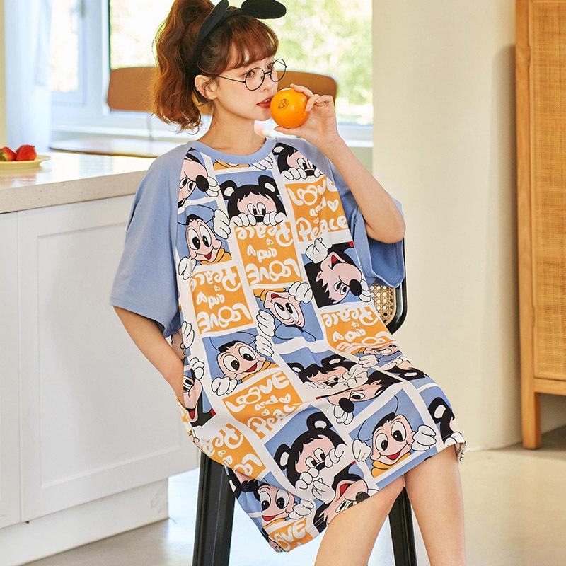 Süßes Sommernachthemd aus Baumwolle mit Cartoon-Motiv für Damen – Kurzarm, lockere Passform, koreanischer Stil, mittellanger Rock