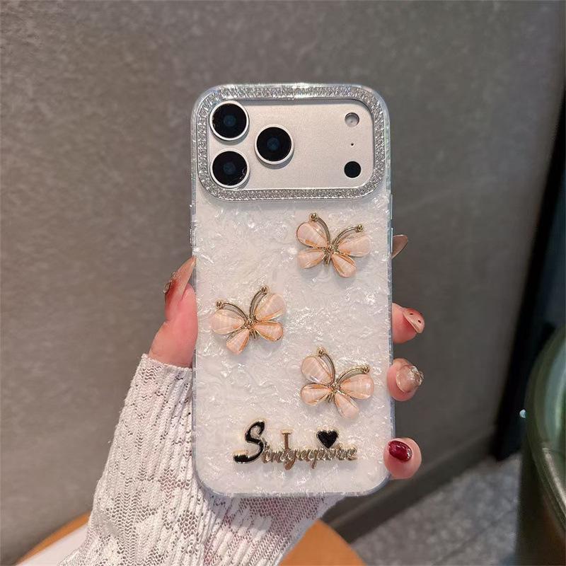 Korean Style Rhinestone Butterfly Glitter Case for iPhone 14/15/16/17 Pro Max 16 Pro Max белый