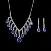 Fashion Bright Diamond Necklace Earrings Set Bridal Wedding Blue Water Drop Tassel Jewelry Two-piece Set