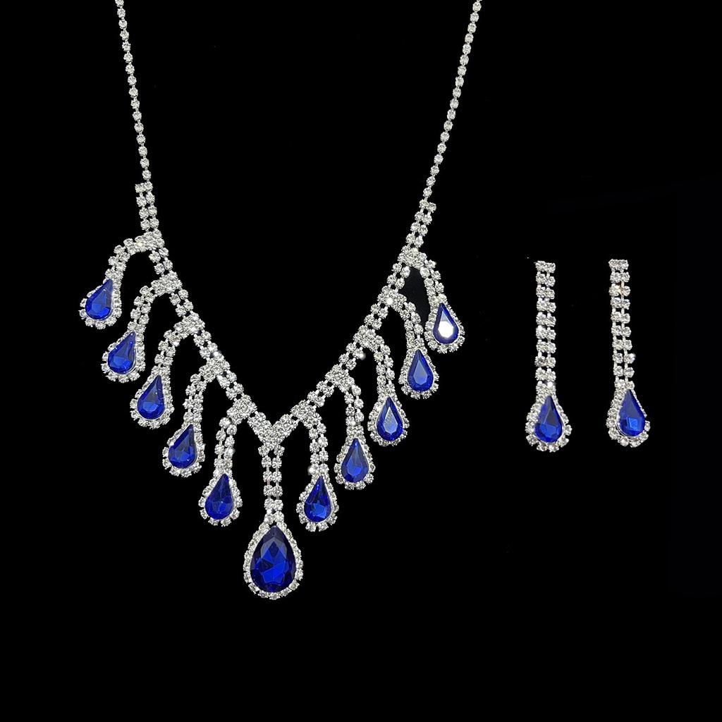 Fashion Bright Diamond Necklace Earrings Set Bridal Wedding Blue Water Drop Tassel Jewelry Two-piece Set