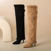 Krazing Pot Flock Pointed Toe Thin High Heels Size 46 Size 45 Winter Slip on Plus Size Women Keep Warm Over-the-knee Boots