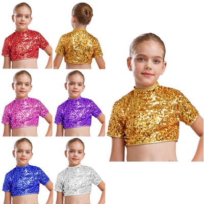 Top Jazz per Cheerleading da Bambina: Costume da Performance Crop con Scollo Alto a Maniche Corte e Paillettes Scintillanti