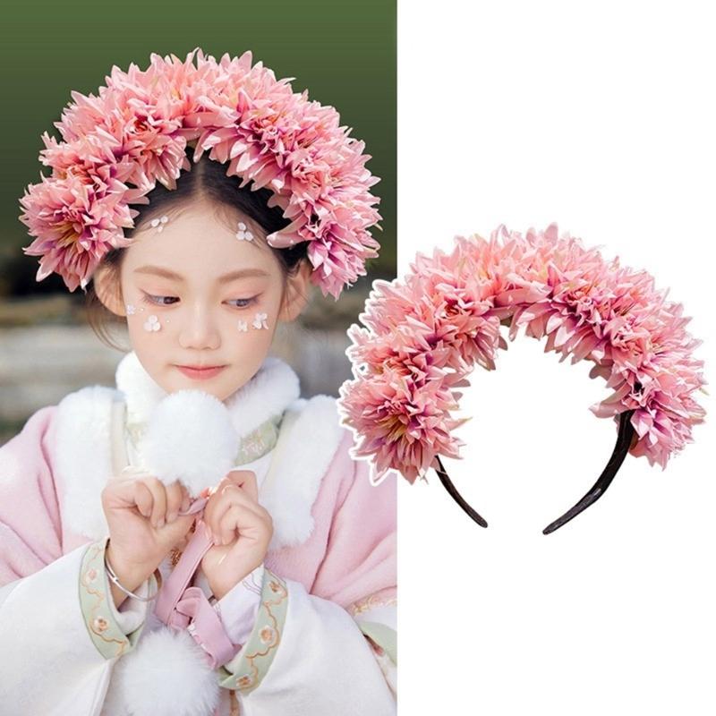 Colorful Flower Headband Double-sided Crown Hair Wreath Wedding Party Costume Headpiece for Bridal Women Hair Accessory
