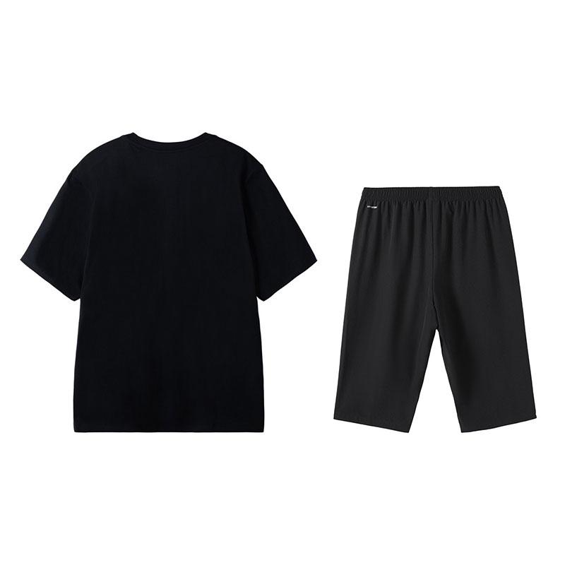 Li-Ning Summer Short Sleeve T-Shirt Comfortable Casual Three Quarter Pants Sports Set Men Sets Black W773-1+W025-1