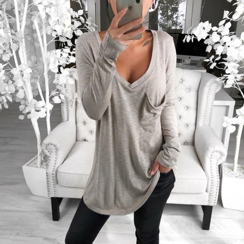 QICED Women's Fashion Casual Solid Color Print Long Sleeve V-Neck Blouses & Shirts