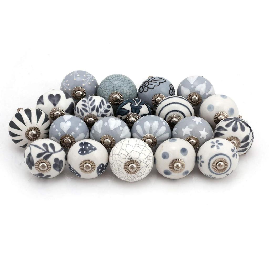 Vintage Assorted Blue Pottery Ceramic Door Handle Knobs for Drawers Kitchen Cabinets Home Interior Decor Hardware, Grey - Pack of 10 Knobs