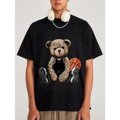 His-and-hers Matching Black T Shirt Teddy Bear Basketball Sneakers Graphic Print Casual Streetwear Fashion Men's Top