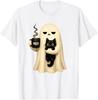 Funny Spooky Black Cat Ghost Holding Coffee Halloween T-Shirt Unisex