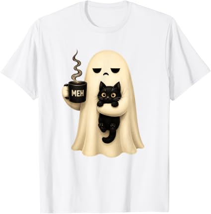 Funny Spooky Black Cat Ghost Holding Coffee Halloween T-Shirt Unisex