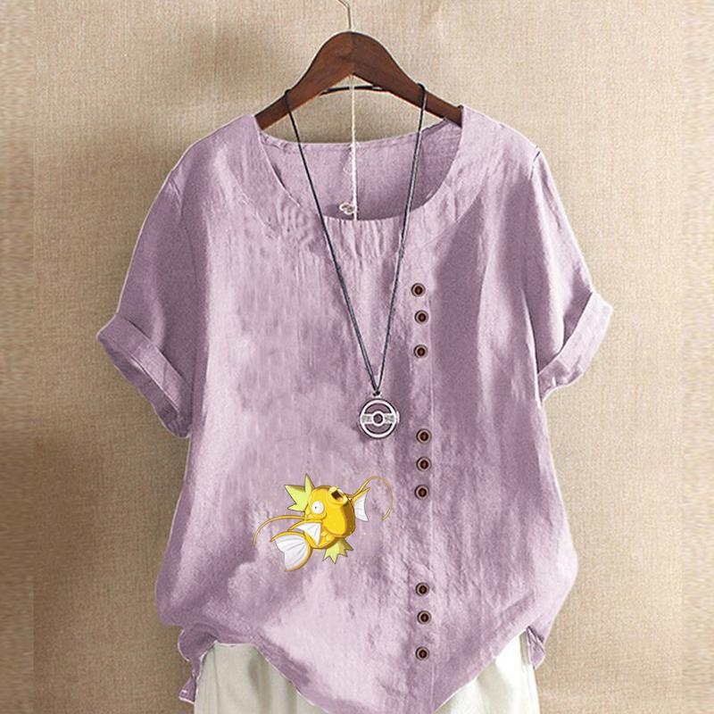 Women's Fashion Goldfish Prined Round Neck Short Sleeve T-shirt Casual Cotton Linen Graphic Shirt Leisure Loose Summer Blouse Tops