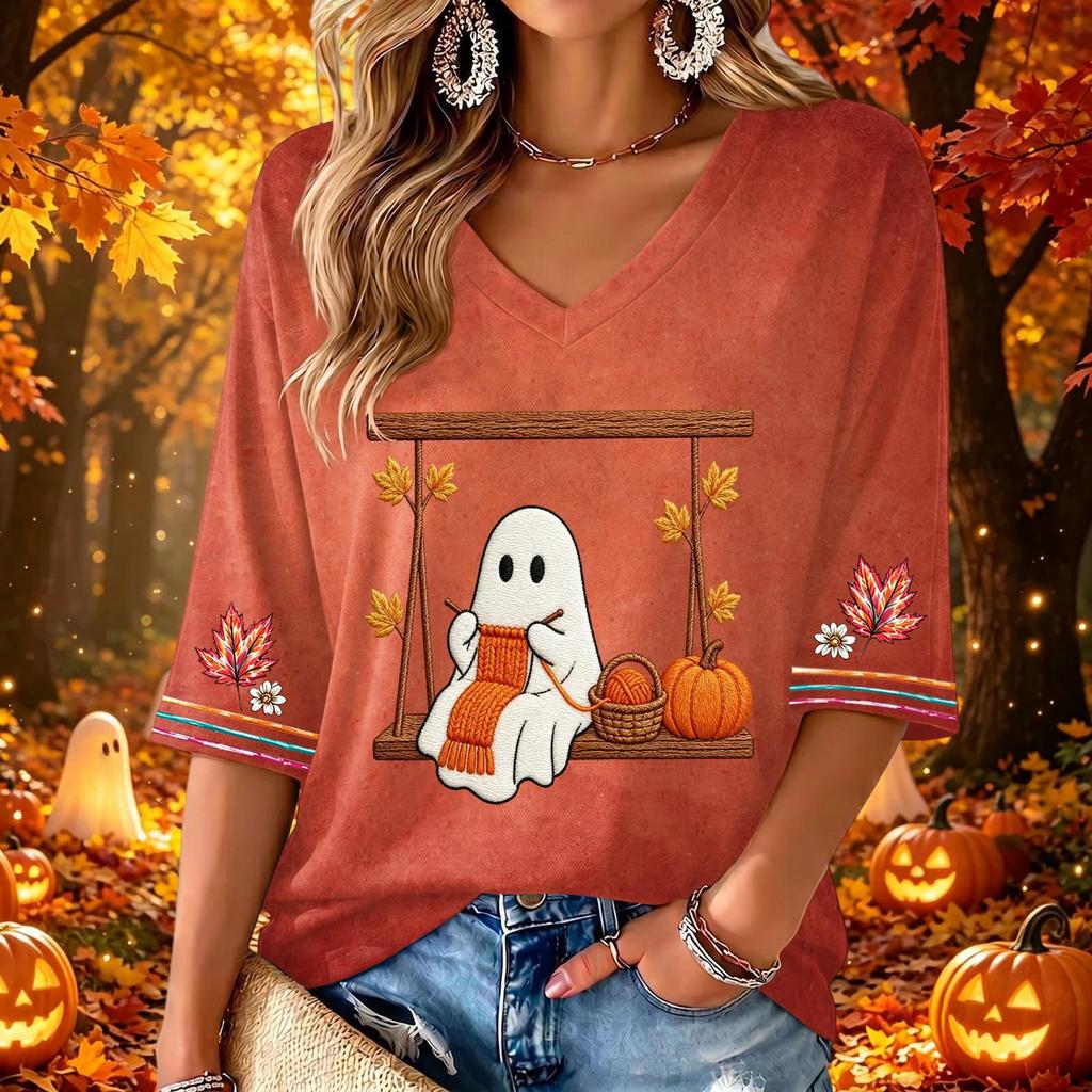 Women's Casual V-Neck Three-Quarter Sleeve Top with Halloween Print