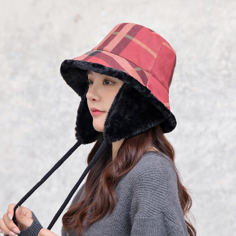 Autumn And Winter Plaid Bucket Hat Women'S Velvet Warm Ear Protector Removable Basin Hat Japanese Short Brim Casual Tide