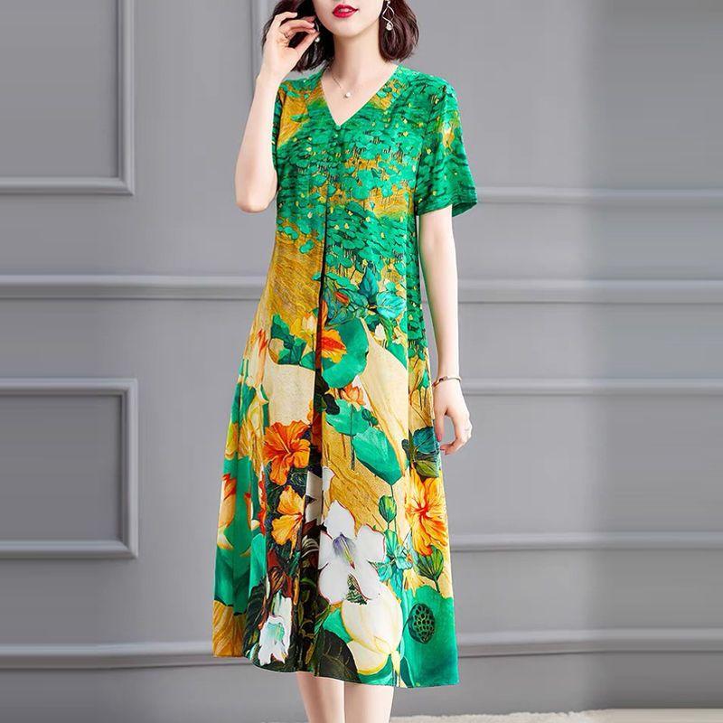 Elegant V-Neck Floral Printed Dresses Vintage Folk Summer Stylish Button Folds Women's Clothing Casual Short Sleeve Midi Dress